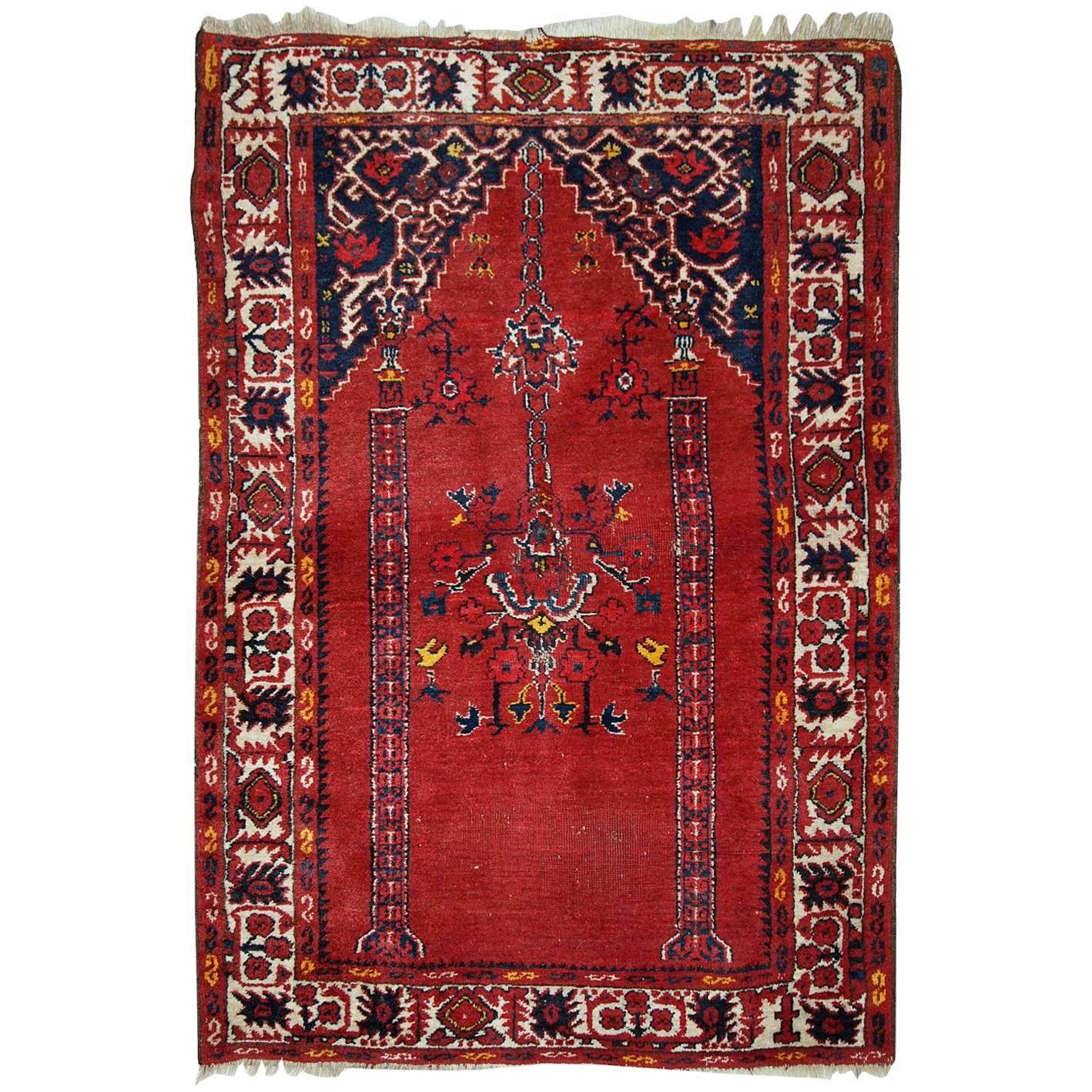 Handmade Antique Turkish Anatolian Prayer Rug, 1940s, 1C563 For Sale