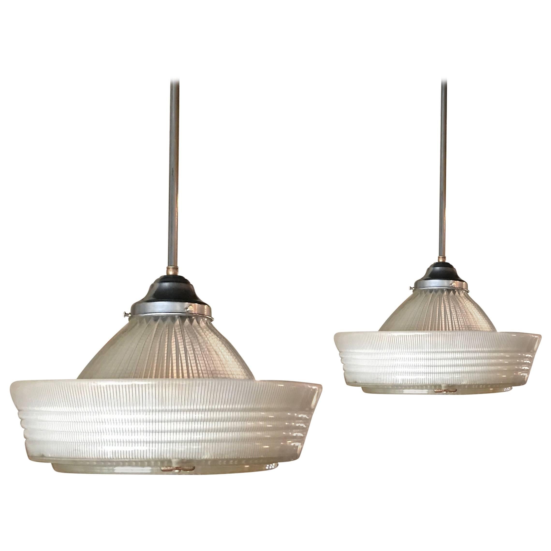Pair of Industrial Brimmed Dome Prismatic Holophane Pendant Lights