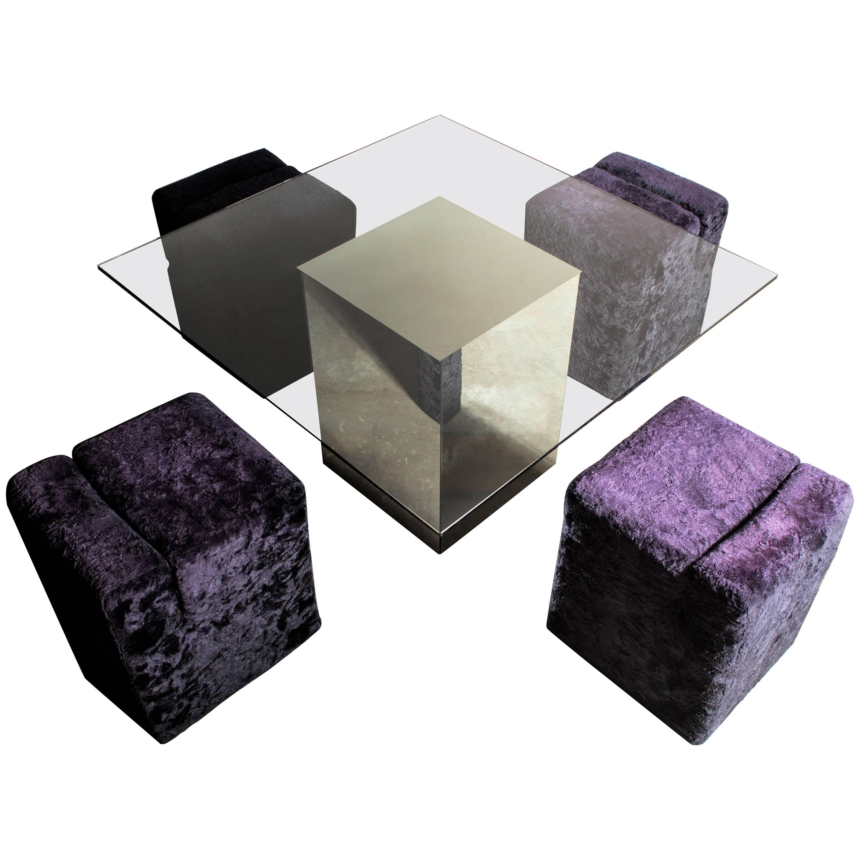 Vintage Block Table with Blocco Pouf Set by Nanda Vigo, 1970, Italy