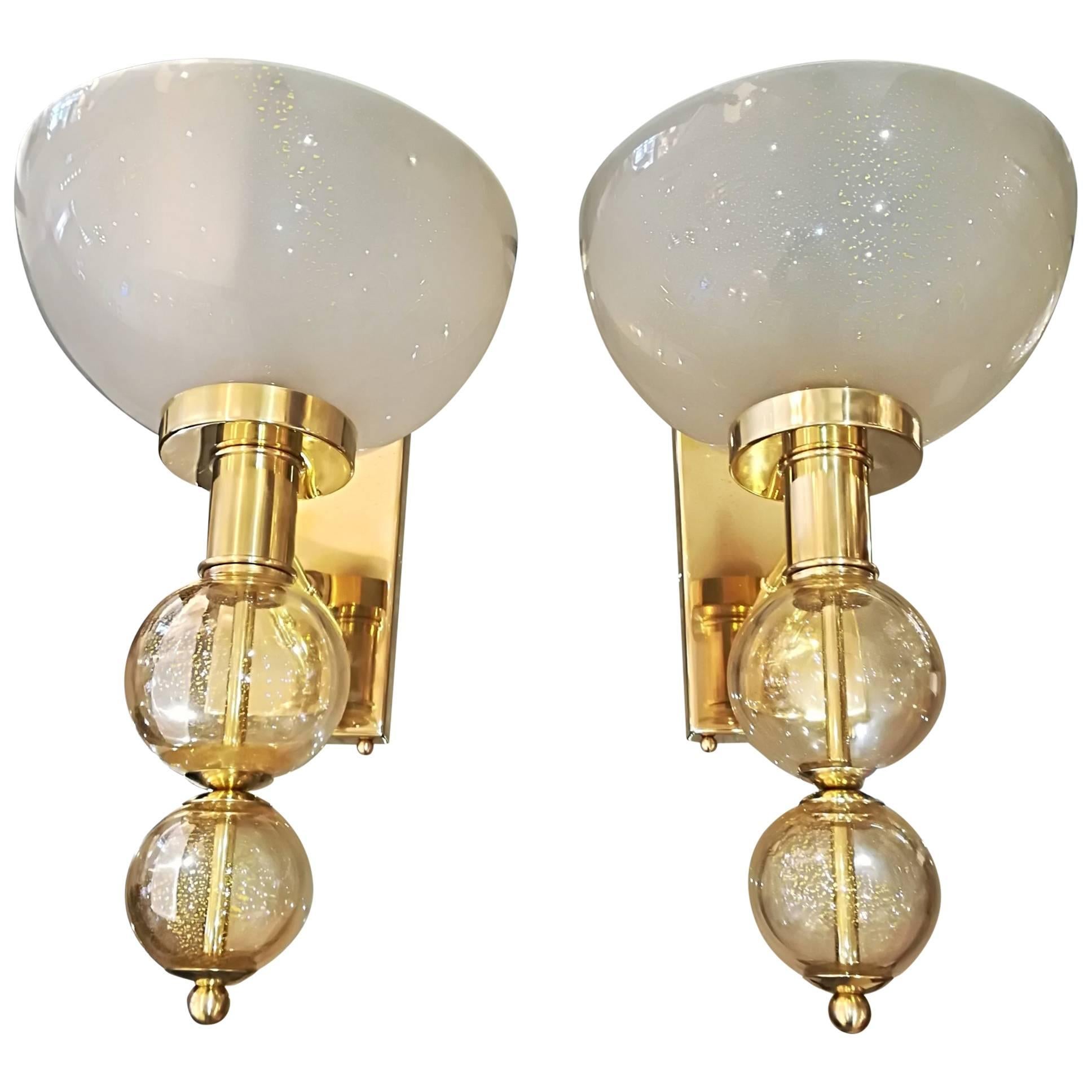 Pair of Italian Sconces Murano Glass and Brass