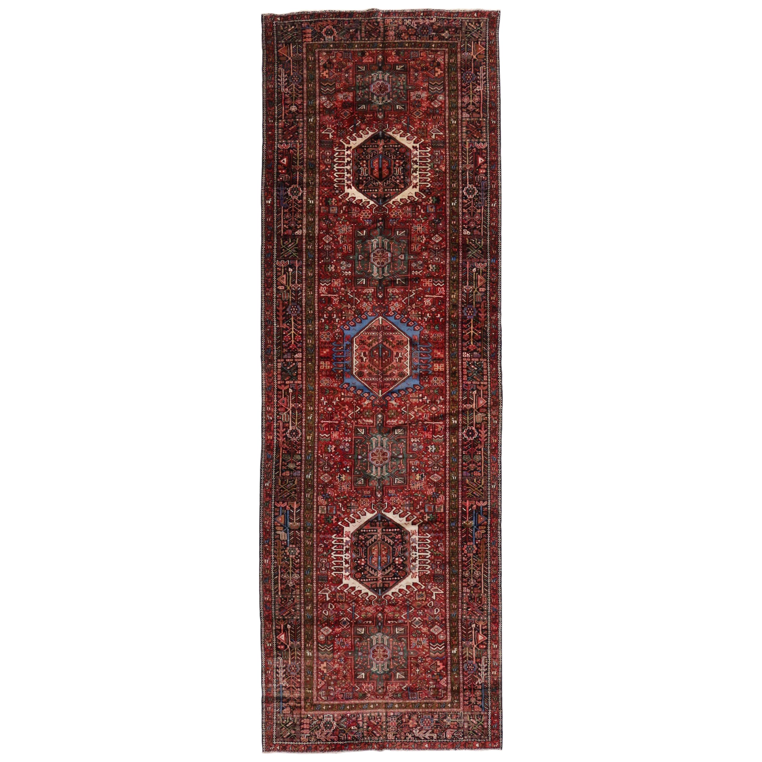 Vintage Persian Karaja Heriz Gallery Rug, Wide Hallway Runner Tribal Style 