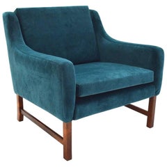 Norwegian Fredrik Kayser Blue Velvet Rosewood Armchair Midcentury Chair, 1960s
