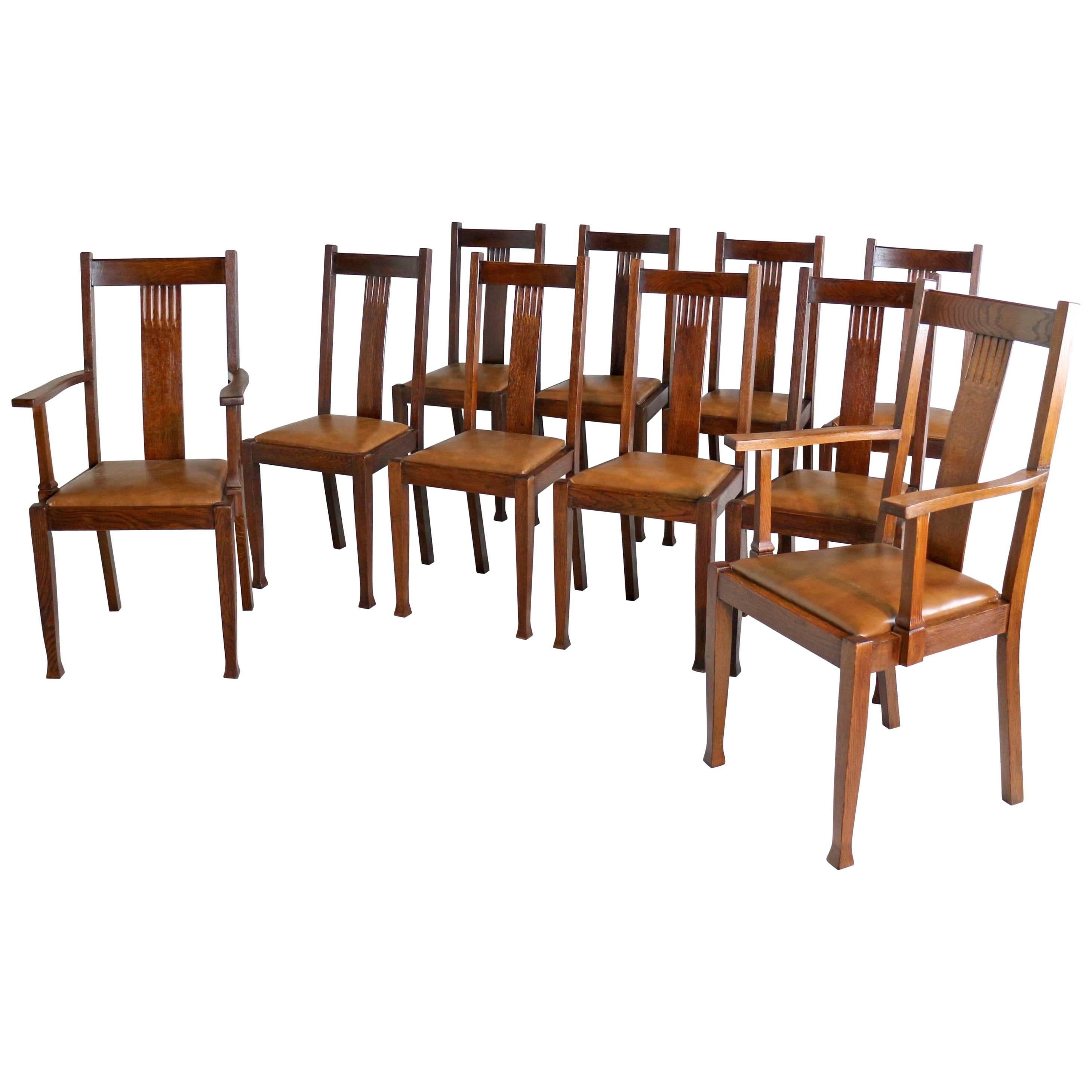 Set of Ten Arts & Crafts Oak Dining Chairs with Leather Seats