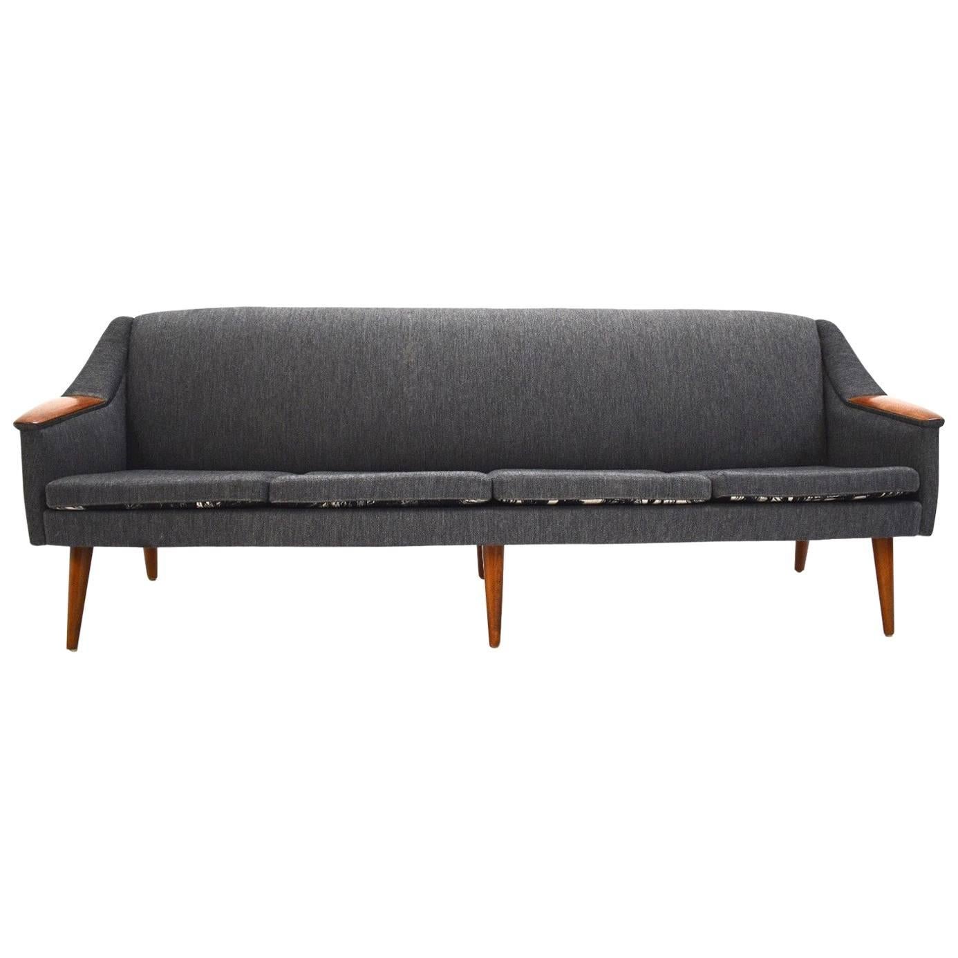 Norwegian Charcoal Grey Wool and Teak Four-Seat Sofa Midcentury, 1960s For Sale