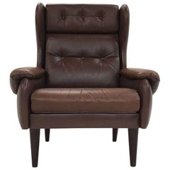 Danish Brown Leather High Back Armchair Midcentury Chair, 1970s