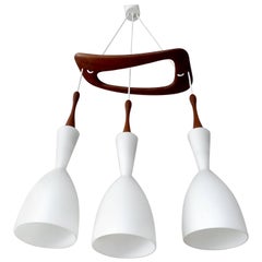 French Mid Century Modern Rispal Chandelier, Teak Glass