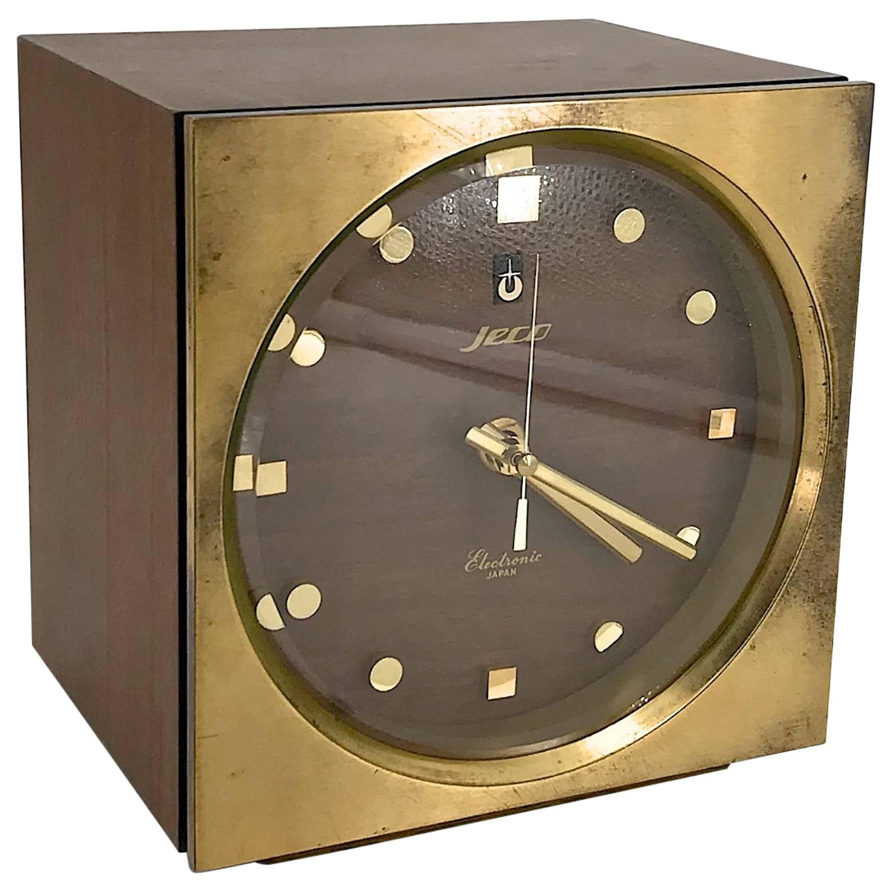 1960s Tiger Tenaka Japanese Table Clock in Walnut Glass Brass Vintage For Sale