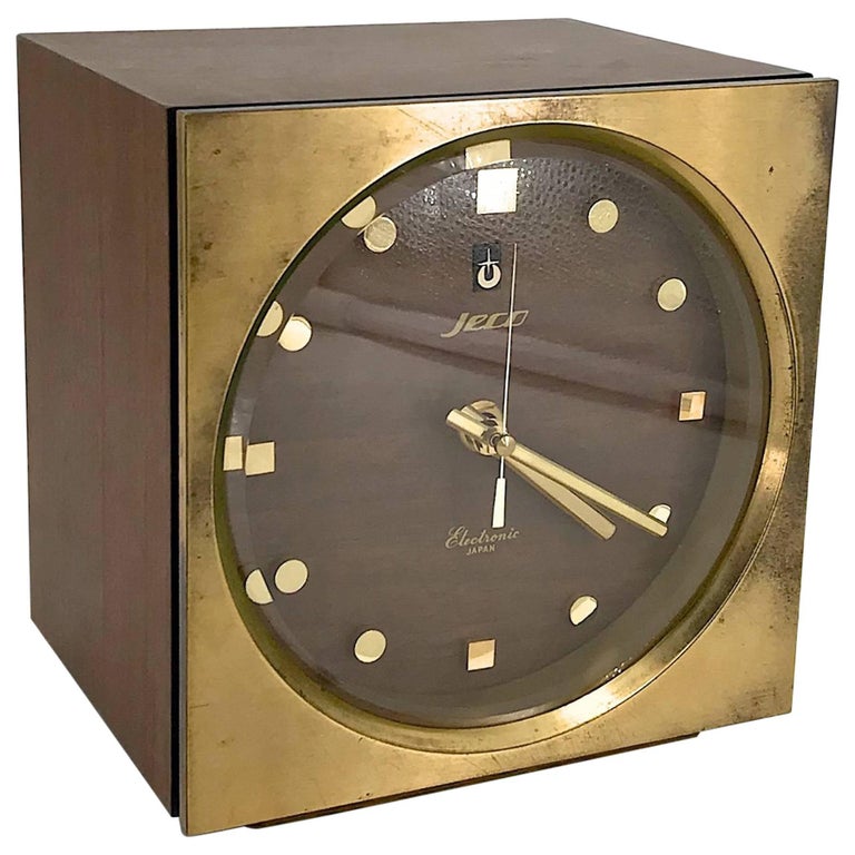 1960s Tiger Tenaka Japanese Table Clock in Walnut Glass and Brass For