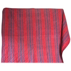 Late 18th Century Antique French Indigo and Woven Red Striped Small Quilt