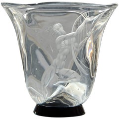 "Nude Male with Harp", Quintessential Art Deco Engraved Glass Vase by Lindstrand