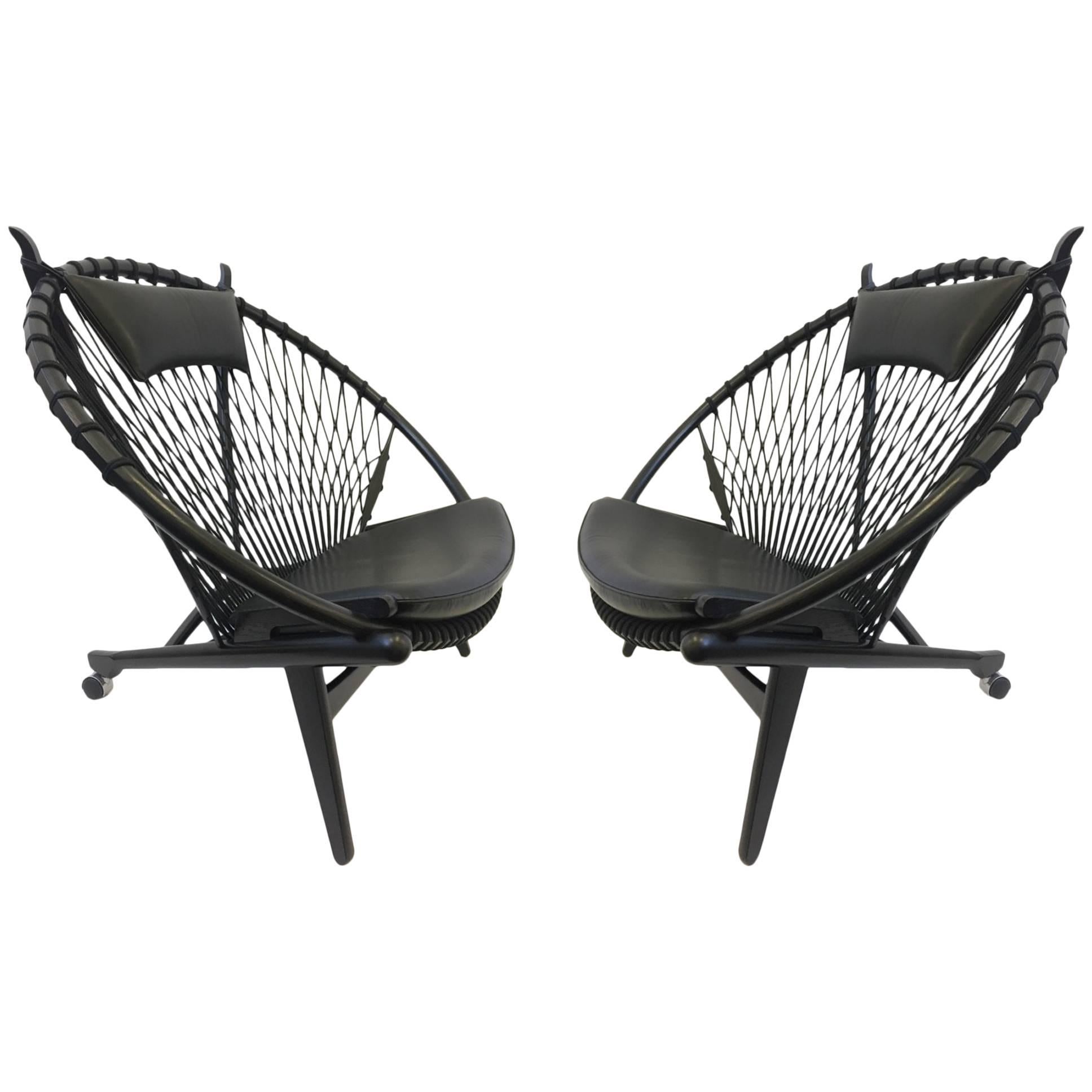 Pair of Black Lacquer Oak and Learher Lounge Chairs by Hans Wegner