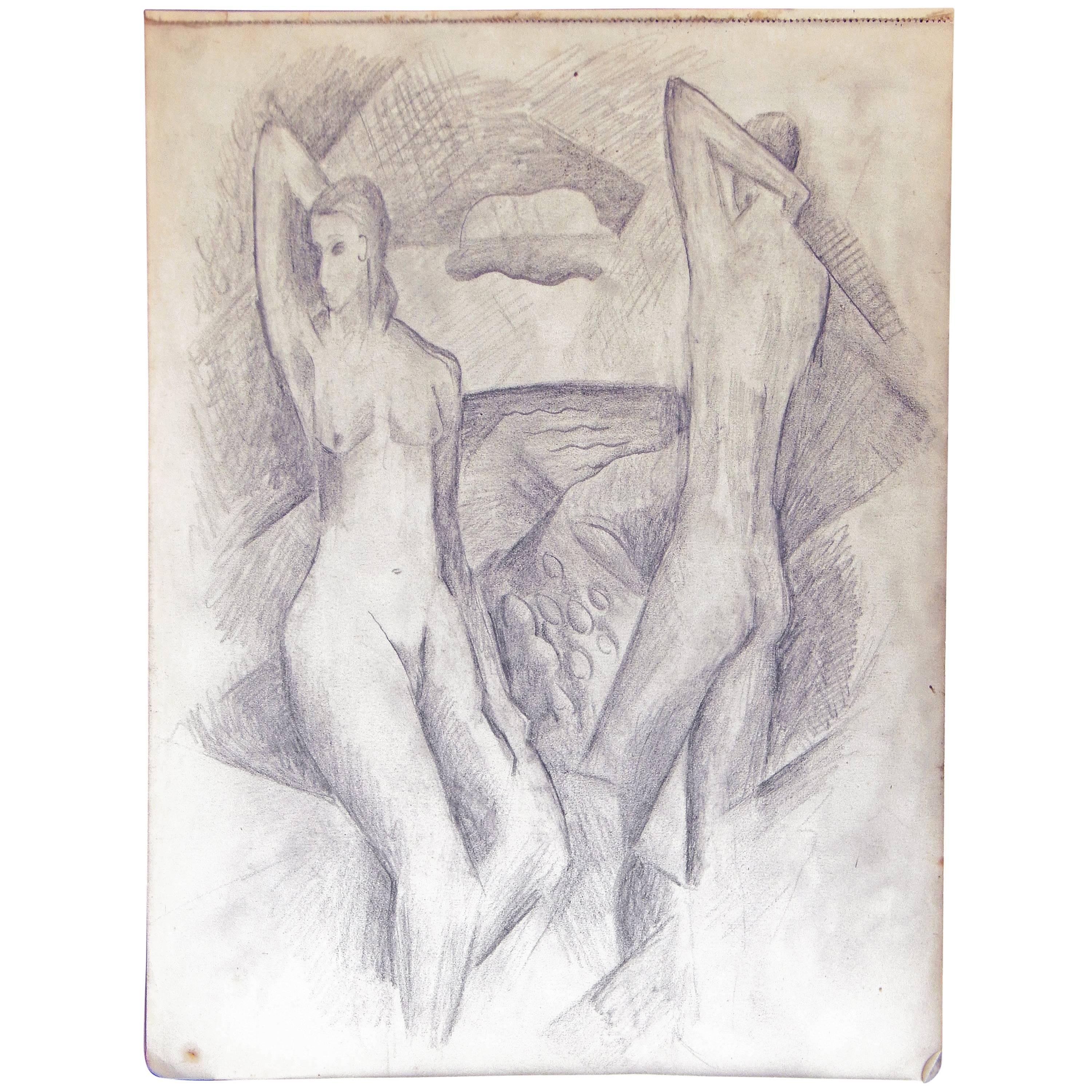 "Nudes in Cubist Landscape, " Drawing by Glidden Parker, Founder, Glidden Pottery For Sale