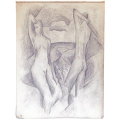 Vintage "Nudes in Cubist Landscape, " Drawing by Glidden Parker, Founder, Glidden Pottery