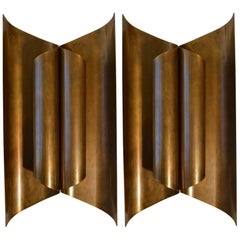 Large Pair of Sculptural Modernist Brass Wall Sconces