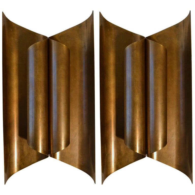Large Pair of Sculptural Modernist Brass Wall Sconces For Sale at 1stDibs