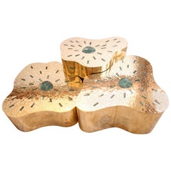 Double Coffee Table in Brass Marquetry and Jade, Model Cloudy by Arriau