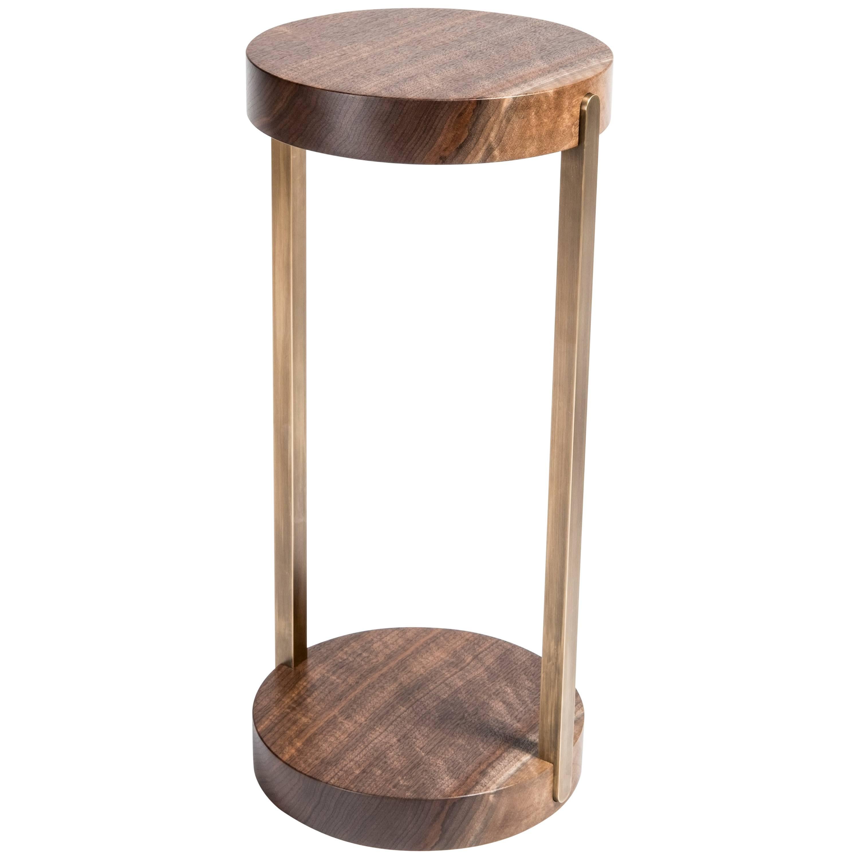 Union Mini Side Table Stand by Tretiak Works, Contemporary Walnut Brass For Sale