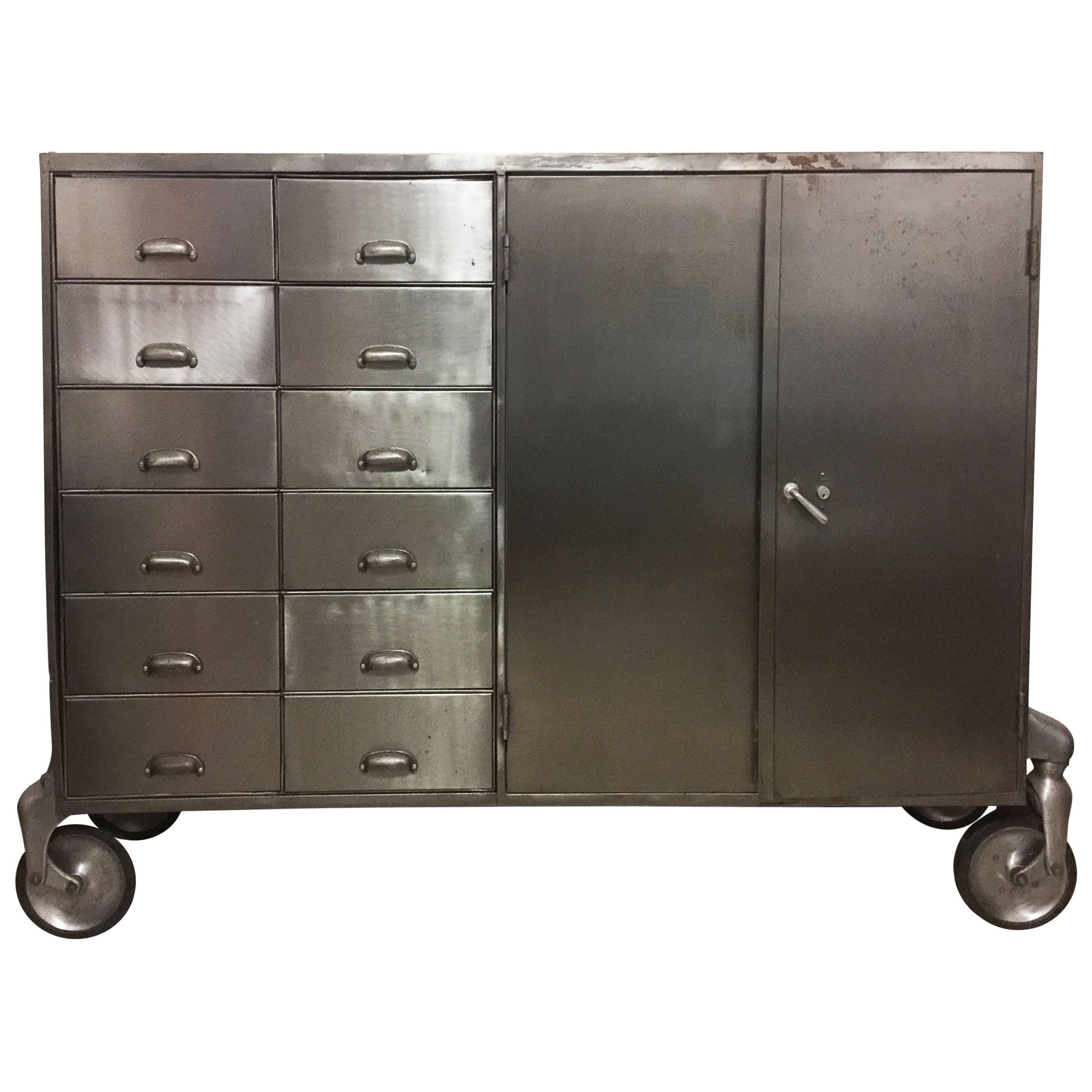 Industrial Metal Cabinet on Heavy Duty Casters, Drawers and Doors For Sale