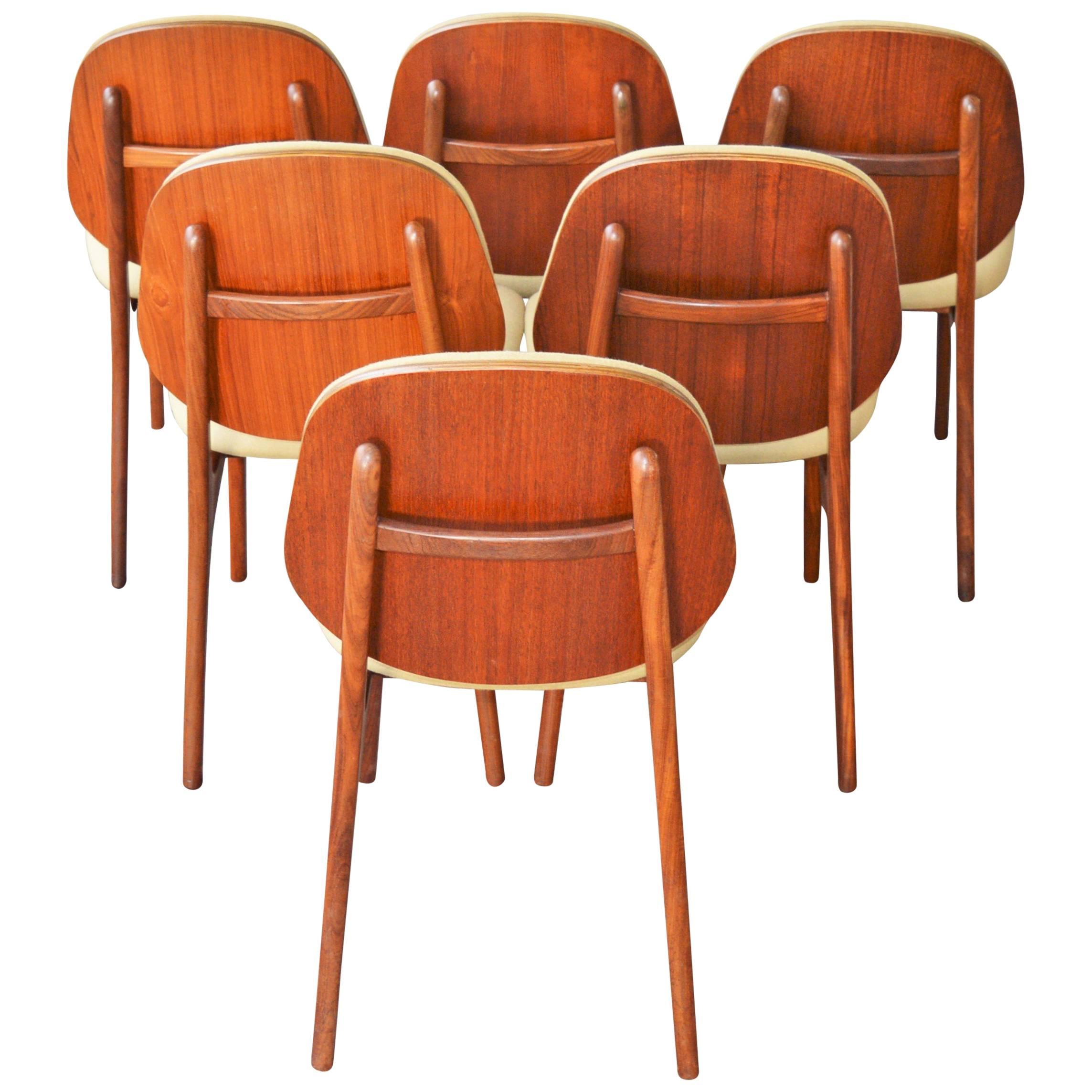 Set of Six Danish Teak Dining Chairs by Arne Hovmand-Olsen in Camel Wool