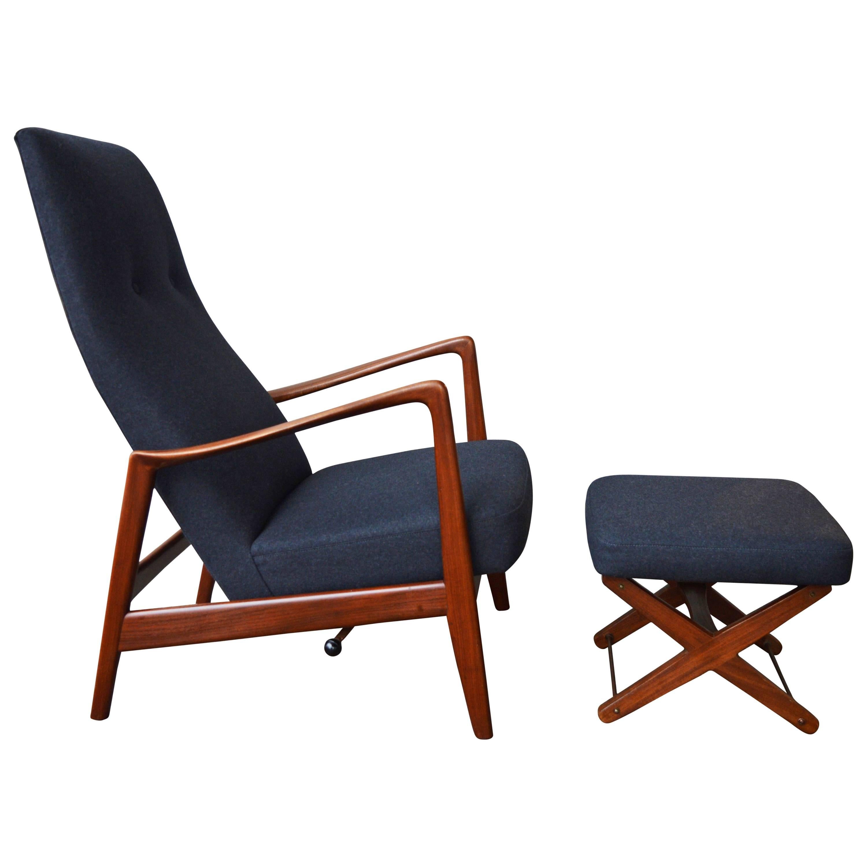 Danish Modern Teak Rocking Chair / Recliner and Ottoman, Charcoal Wool, Norway