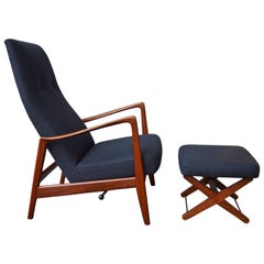 Retro Danish Modern Teak Rocking Chair / Recliner and Ottoman, Charcoal Wool, Norway