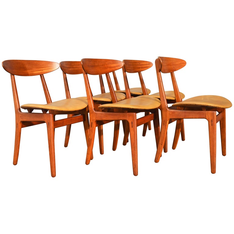 Vilhelm Wohlert Danish Teak Dining Chairs, Set of Six, Mustard Vinyl at