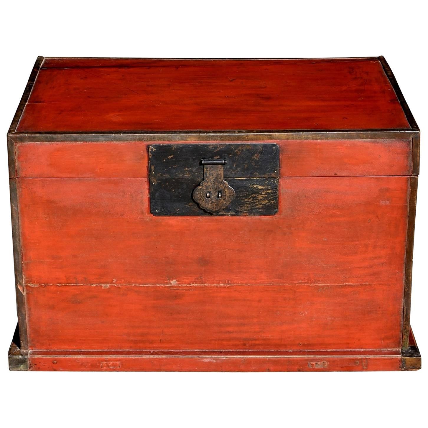 Antique Red Chinese Trunk, Blanket Chest with Original Hardware