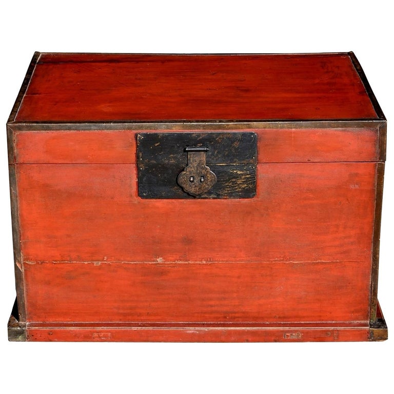 Antique Red Chinese Trunk, Blanket Chest with Original Hardware at 1stDibs