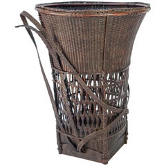 Carrying Basket from Laos, Mid-20th Century, Bamboo and Rattan with Wooden Base