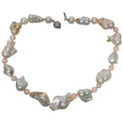 Baroque Pearl Pink Coral Bead and 18-Karat White Gold Necklace