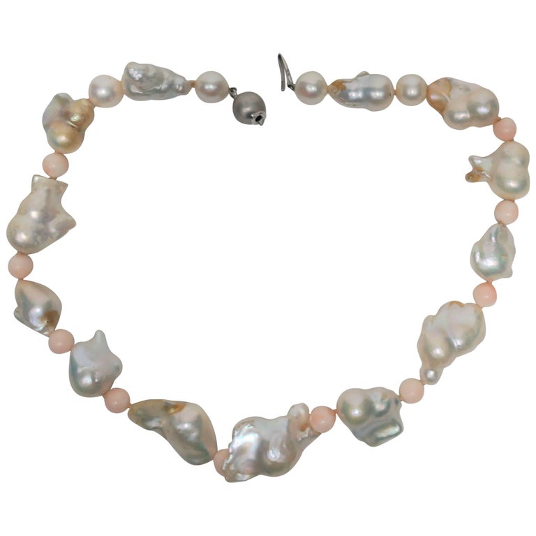 Baroque Pearl Pink Coral Bead and 18-Karat White Gold Necklace For Sale ...