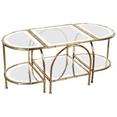 French Midcentury Brass Faux Bamboo Three-Piece Coffee Table by Maison Baguès