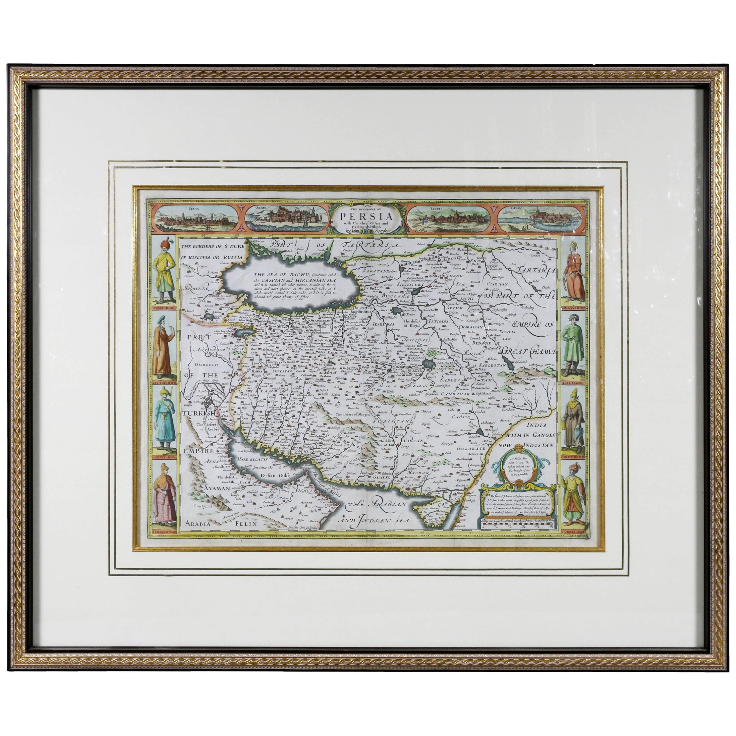 Gerahmte, handkolorierte Karte von Persien von John Speed