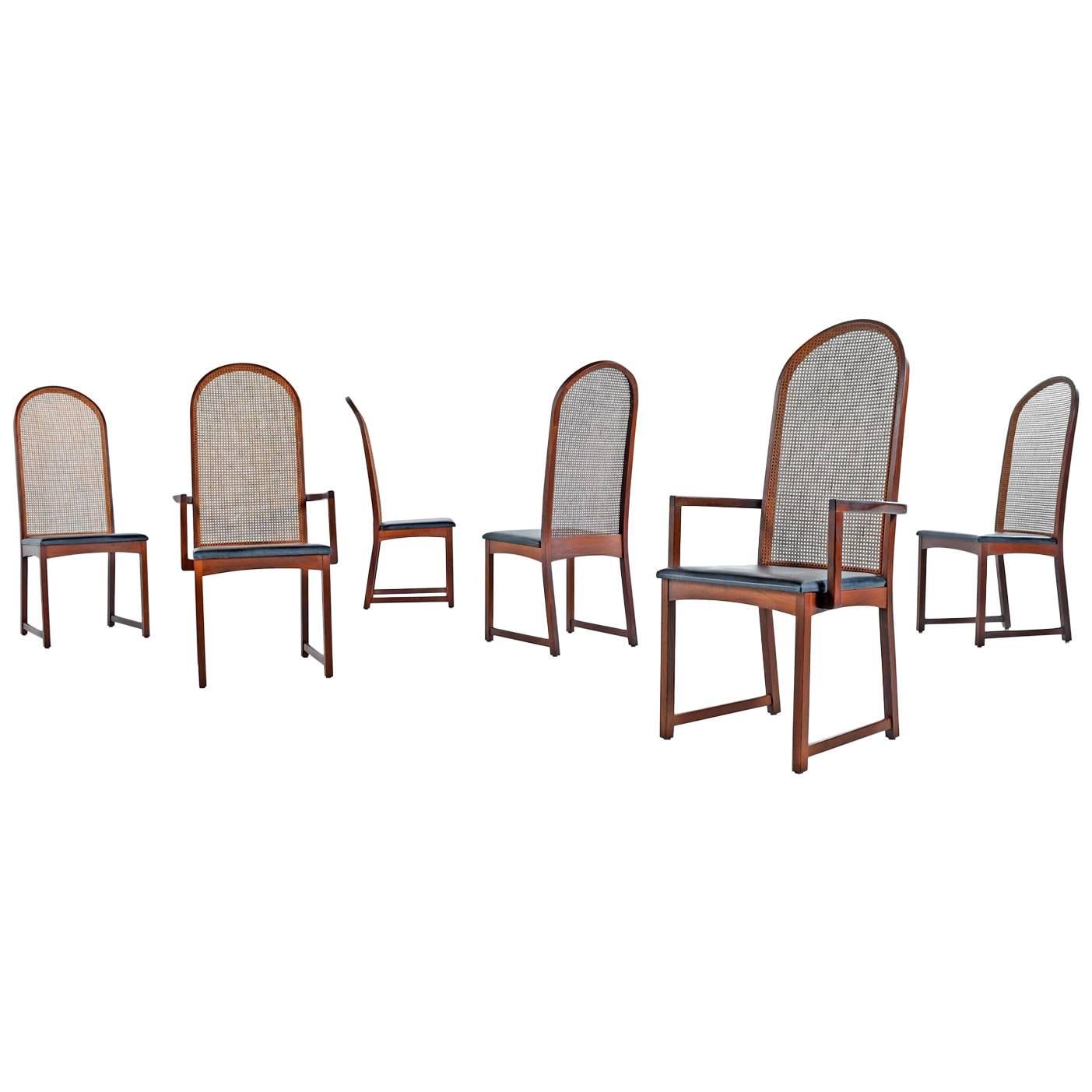 Set of Six Milo Baughman for Dillingham Walnut Cane Back Dining Chairs