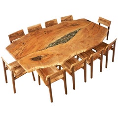 Live Edge, Solid Wood Dining Table in Maple and Walnut with Glass and Rock Inlay