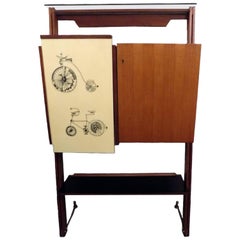 Midcentury Italian Design Fornasetti Style Bar Cabinet in Oak and Yellow Formica