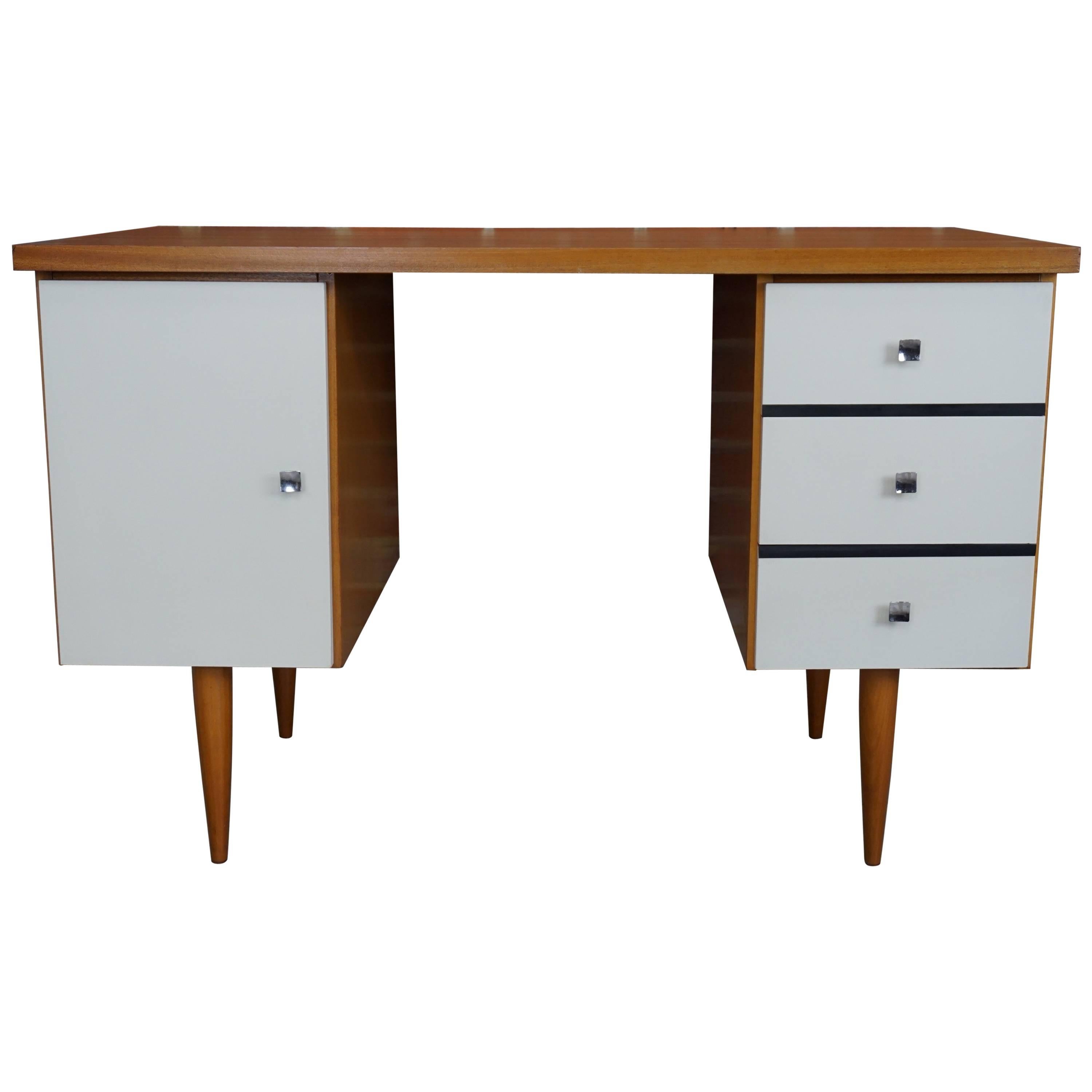 Wooden Teak and White Lacquer Desk Design from the 1960s