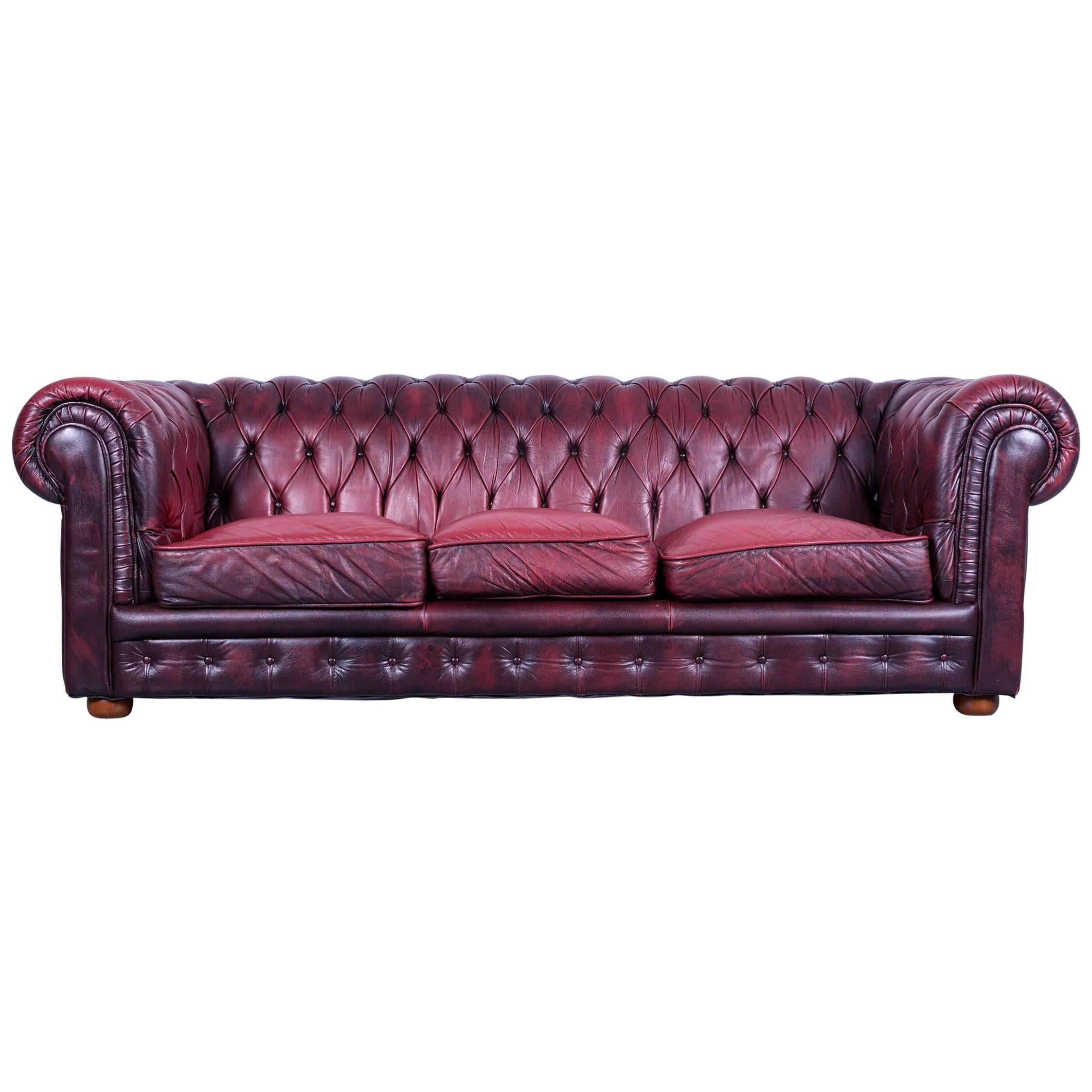 Chesterfield Three-Seat Sofa Red Leather Couch Vintage Retro Rivets