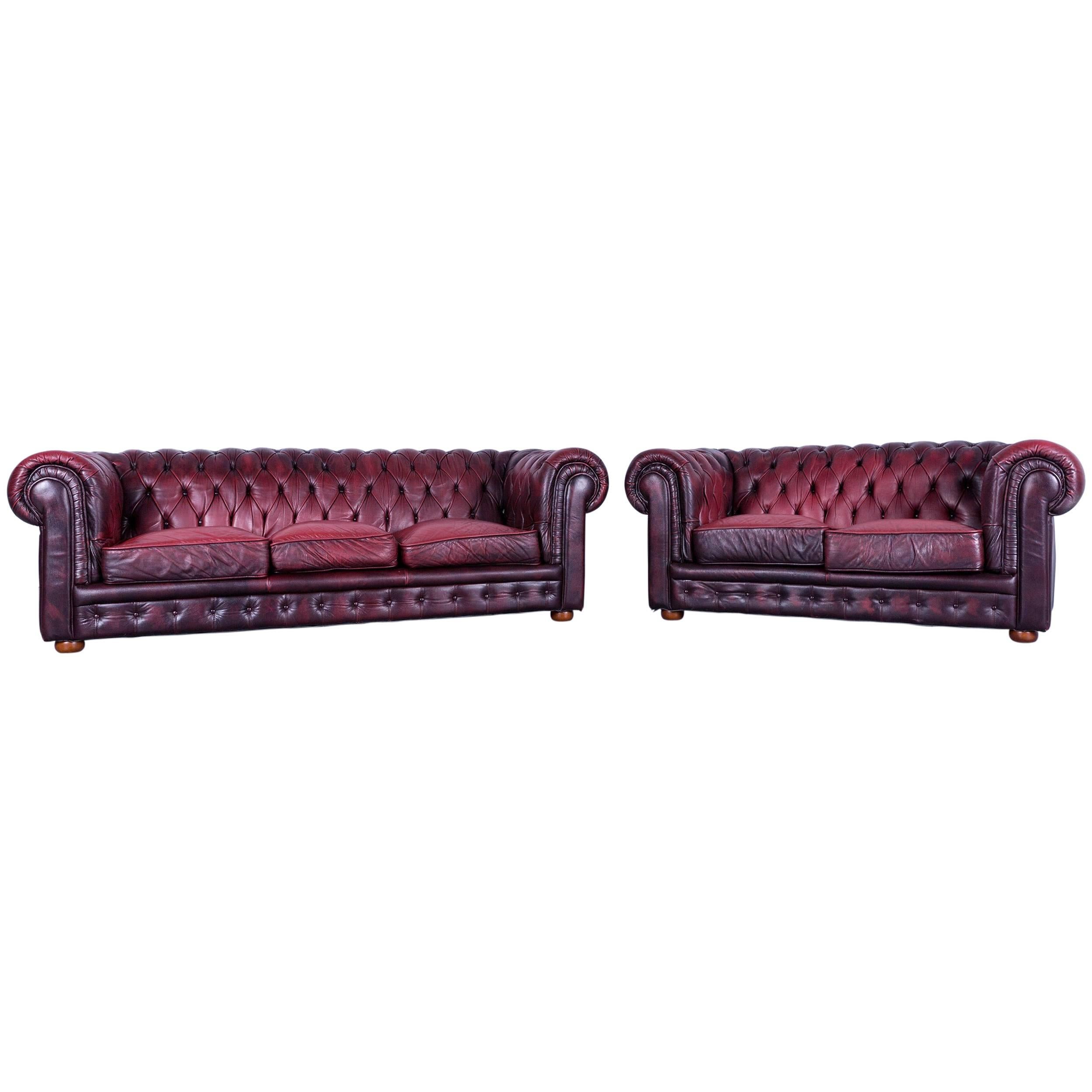 Chesterfield Sofa Set Red Leather Couch Vintage Retro Rivets For Sale