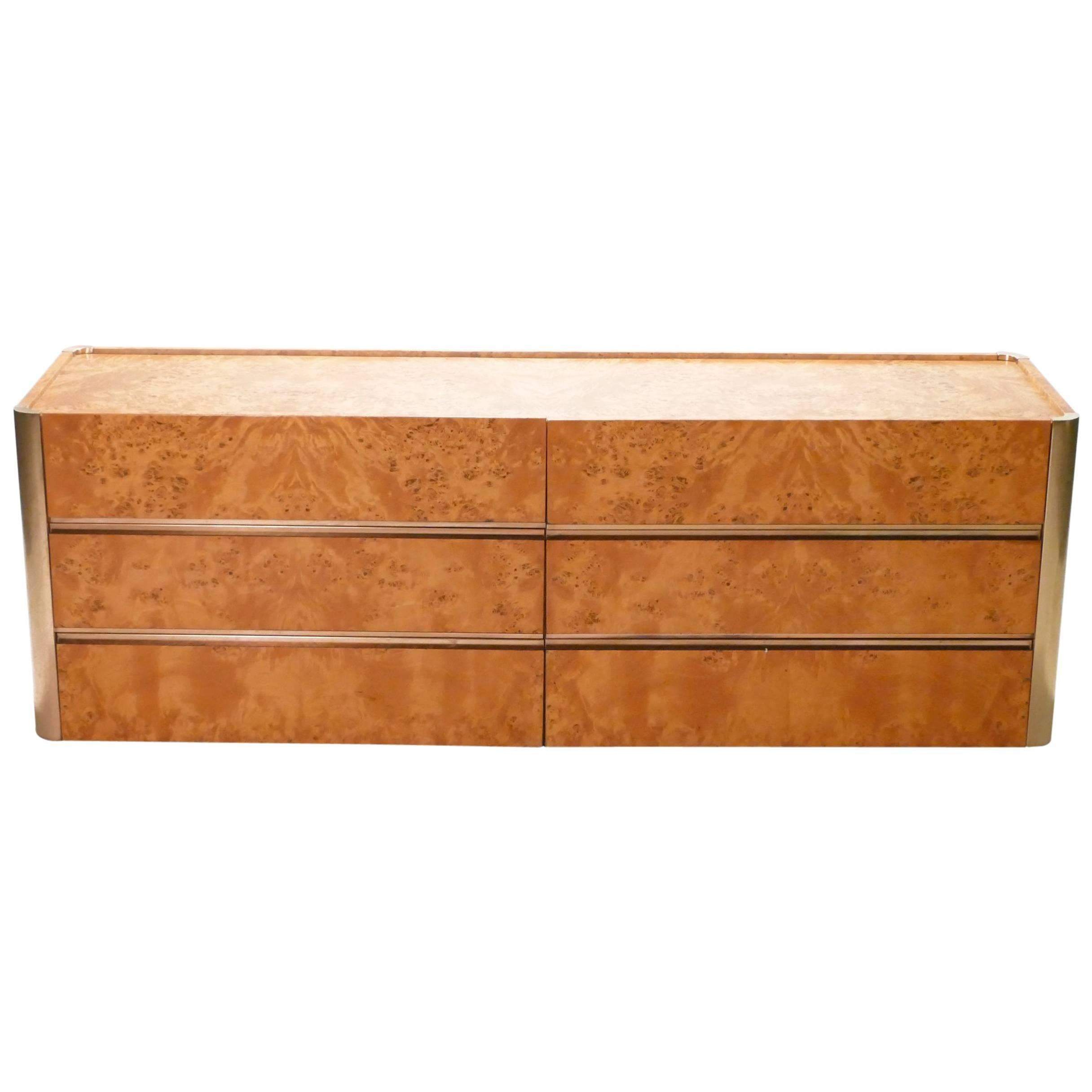 Large Willy Rizzo Brass and Burl Wood Chest of Drawers, 1970s
