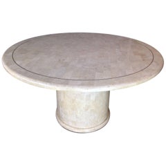 Tessellated Travertine and Brass Round Dining Table Hollywood Regency