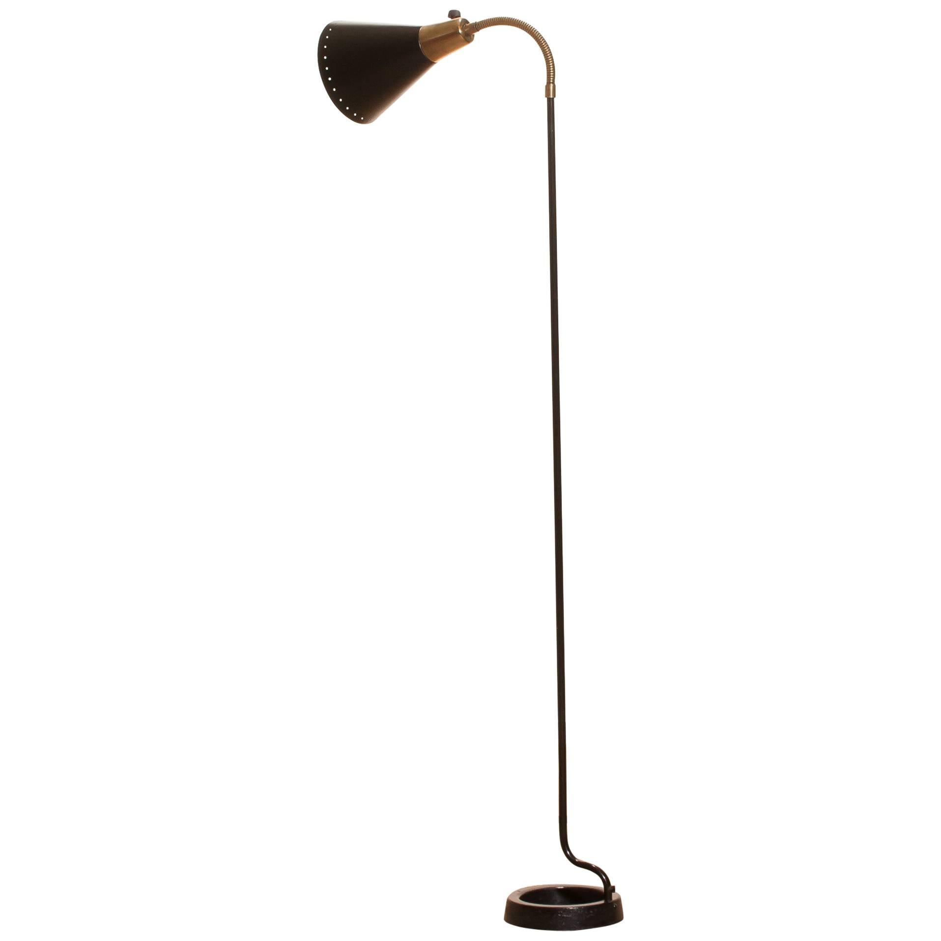1940s, Black and Brass Swedish Floor Lamp