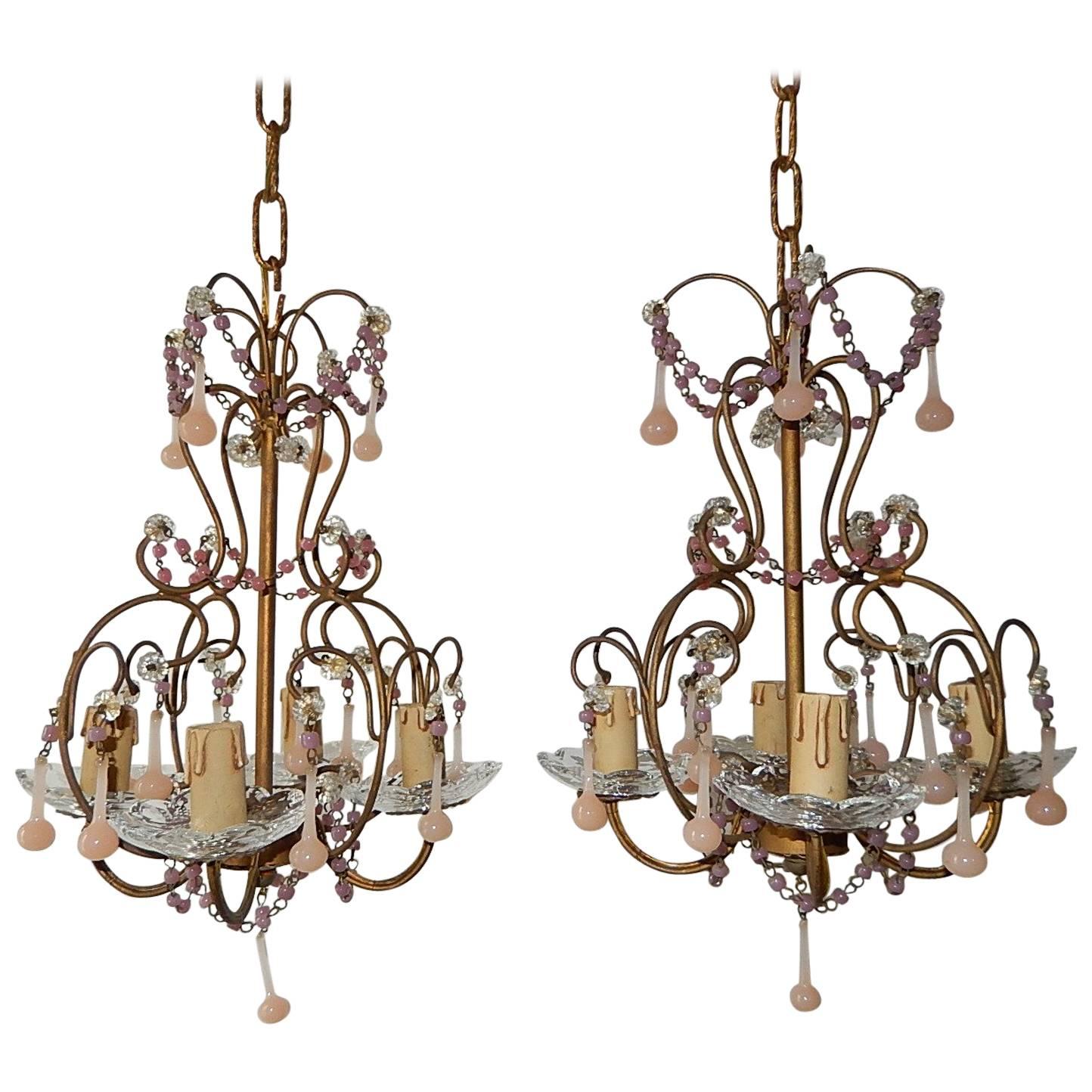 Set of Two Pink Opaline Drops and Beads Petit Chandeliers, circa 1920