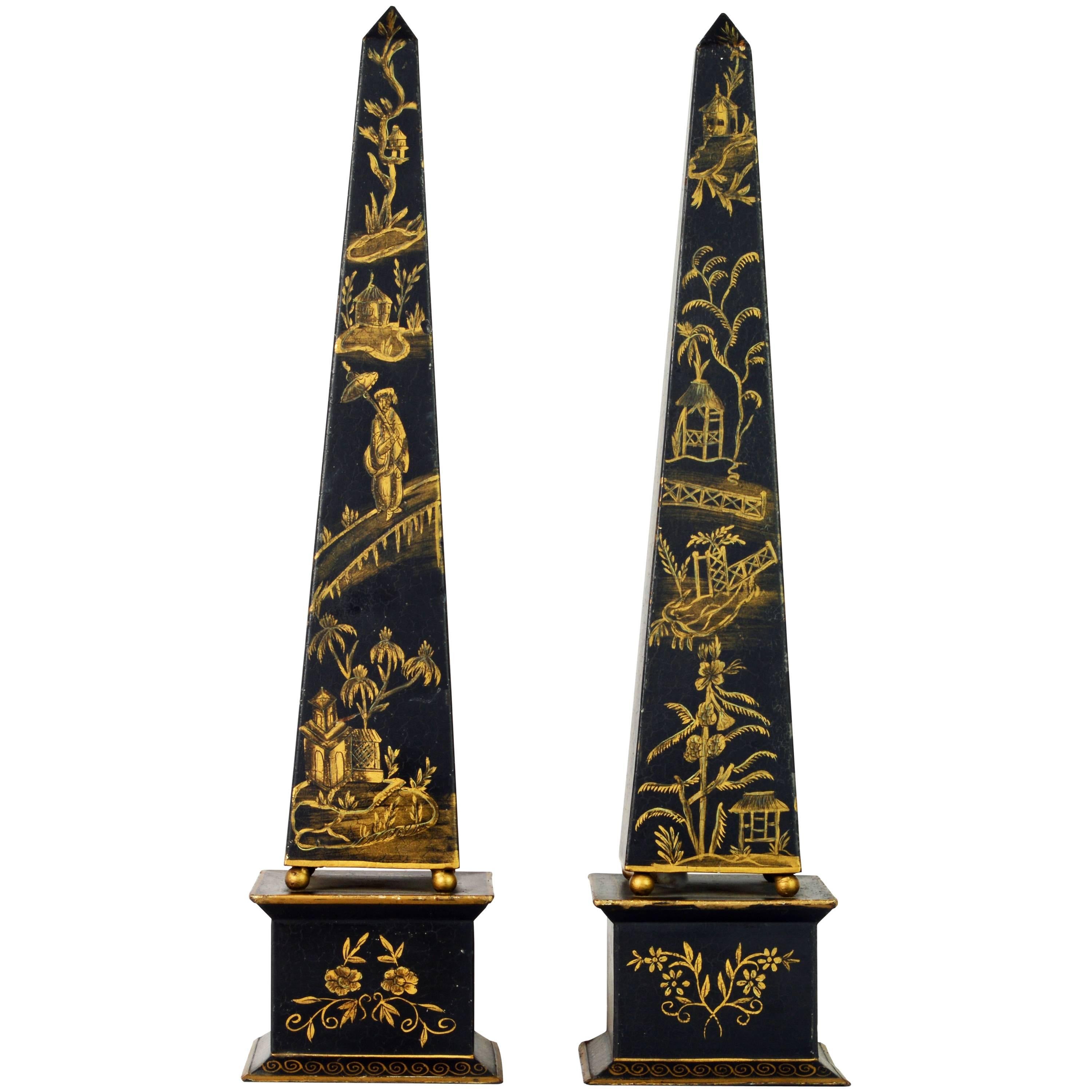 Pair of Tall Late 19th Century English Chinoiserie Painted Obelisk Models