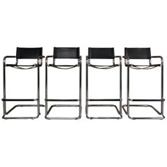 Set of Four Chrome and Leather Bar Stools Mart Stam Bauhaus Design