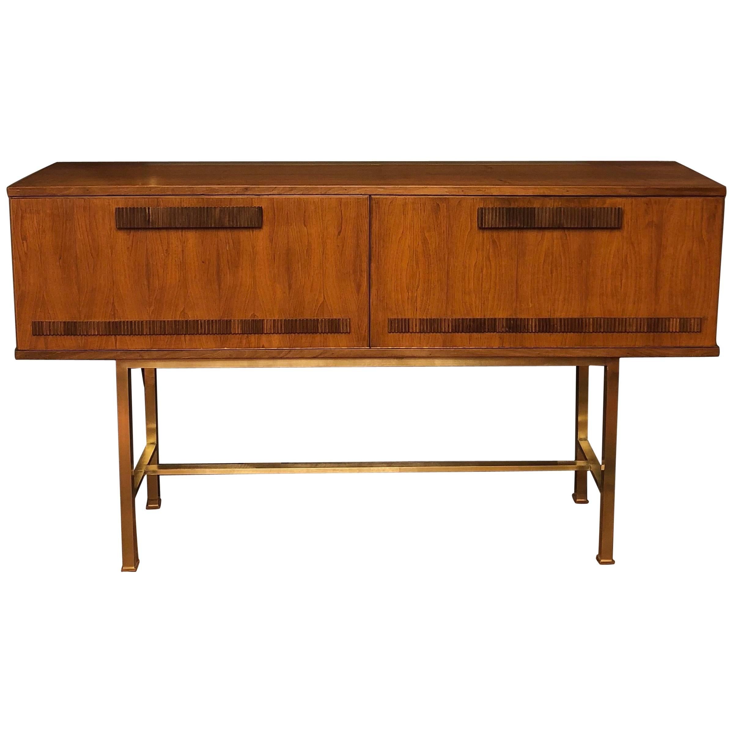 Mid-Century Modern Italian Oak Credenza with Two Doors and Brass Legs