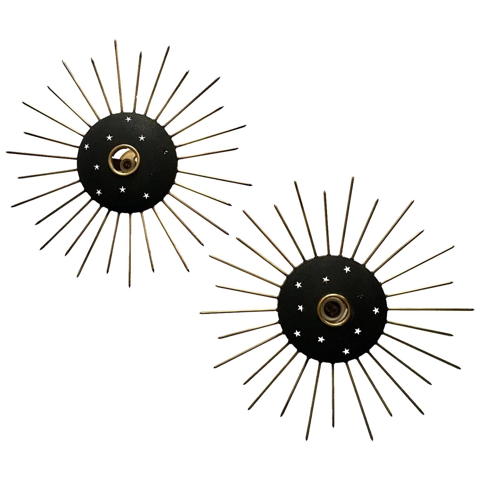Mid Century Pair of Gilt Iron and Brass Sunburst Wall Sconces For Sale