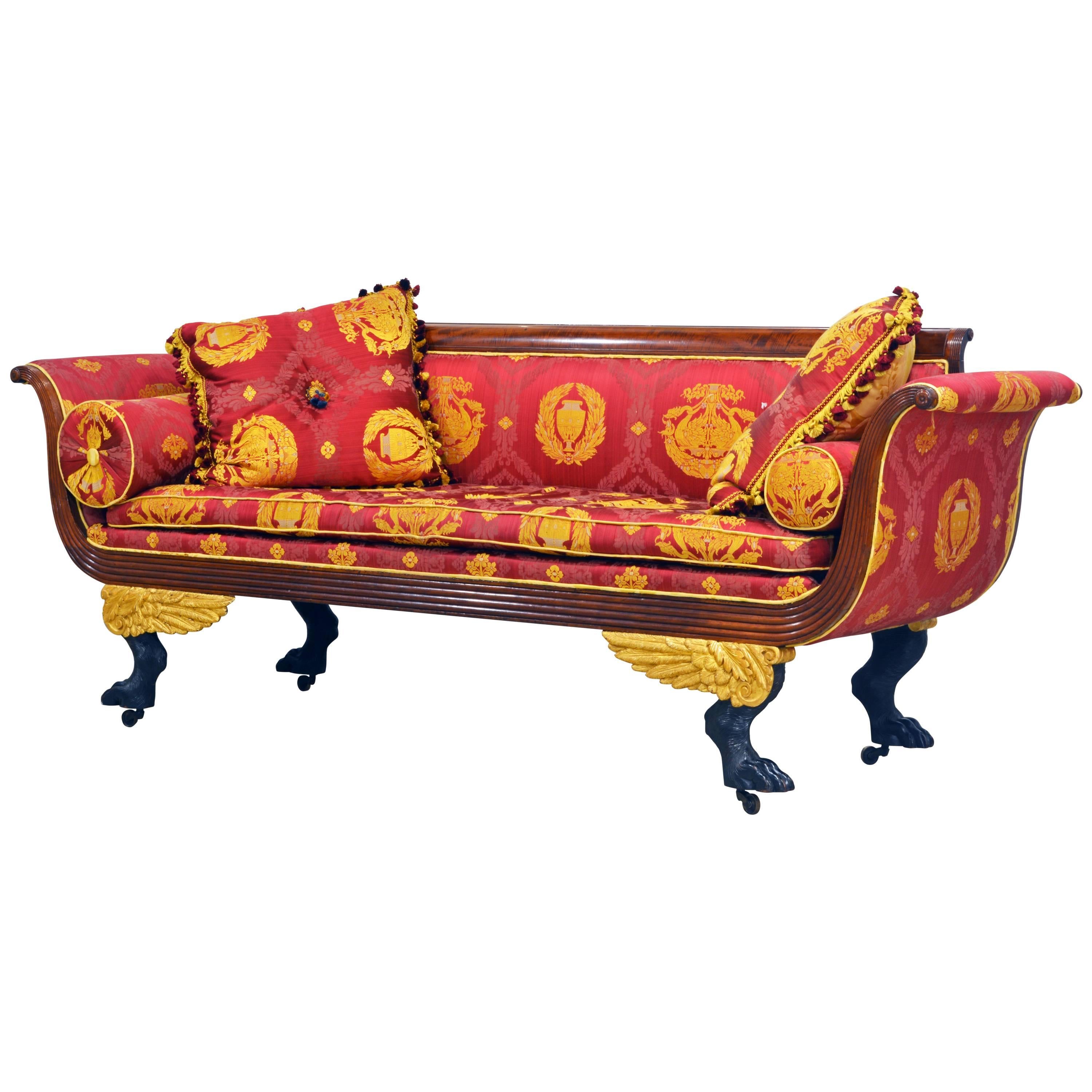 Stunning Gianni Versace Fabric Covered American First Period Empire Carved Sofa
