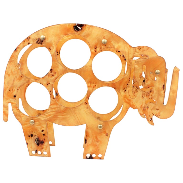 Unusual Midcentury Maple Burl Wood Lucite Wine Bottle Rack Elephant For Sale at 1stdibs