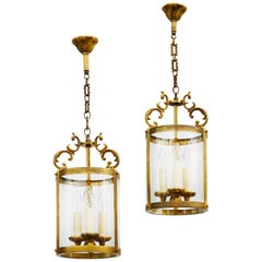 Pair of Lanterns Glass Brass Hanging Ceiling Light French Vintage Midcentury